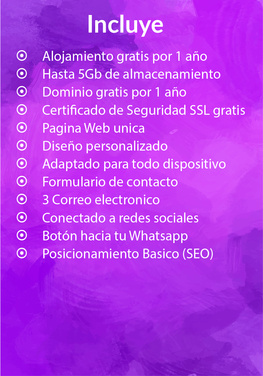 Este plan está diseñado para emprendedores que buscan una presencia en línea simple pero efectiva. Incluye la creación de una pagina unica atractiva y funcional que destaque los puntos clave de su negocio, como su oferta principal, información de contacto y llamadas a la acción relevantes para impulsar conversiones. La página estará optimizada para dispositivos móviles y será diseñada para captar la atención del público objetivo desde el primer momento.